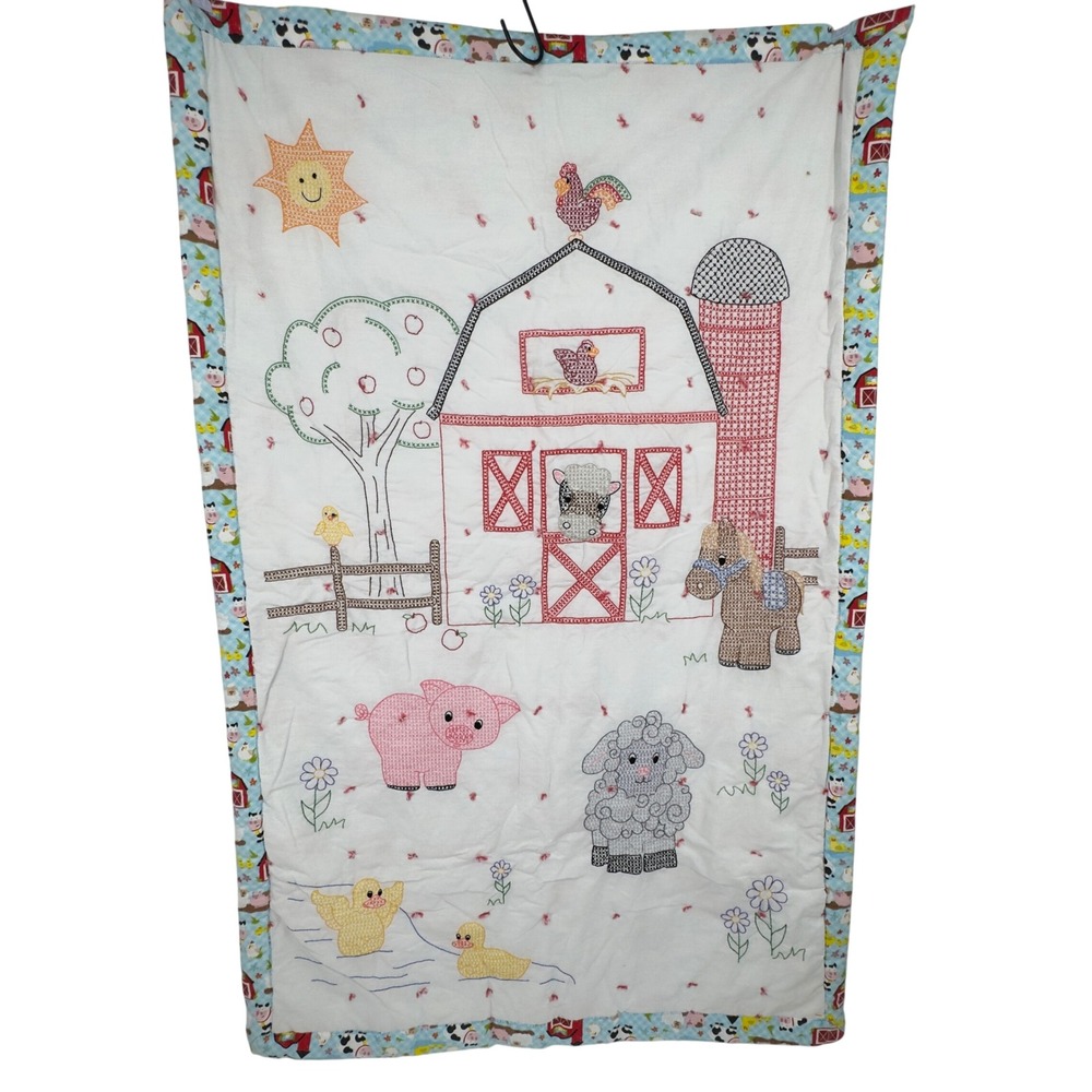 VTG Handmade Farm Animal Baby Quilt Cross Stitch Barn Pig Sheep Horse Cow 36x56